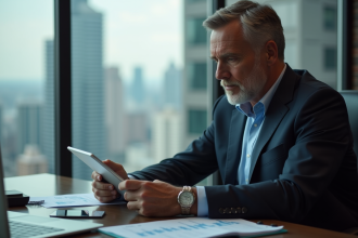 Homme d'affaires en costume étudiant des graphiques financiers