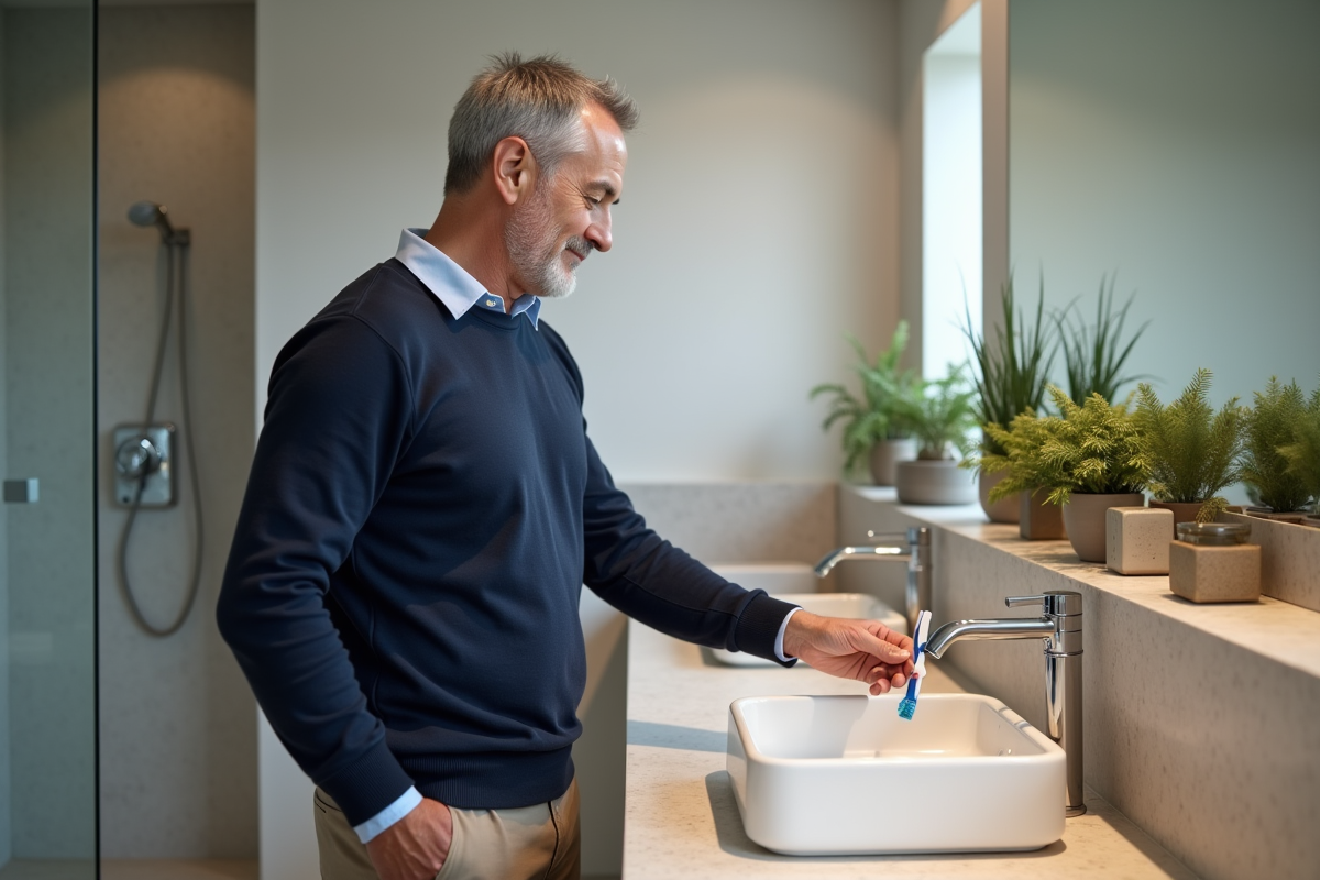 Homme se brossant les dents dans une salle de bain organisée