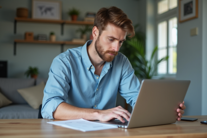 Homme regardant ses factures d electricite sur son ordinateur