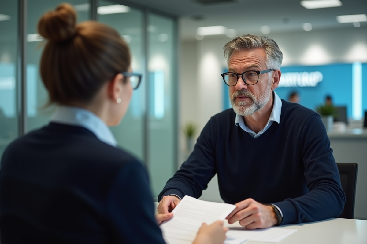 Homme discutant avec conseiller en prêt immobilier en banque