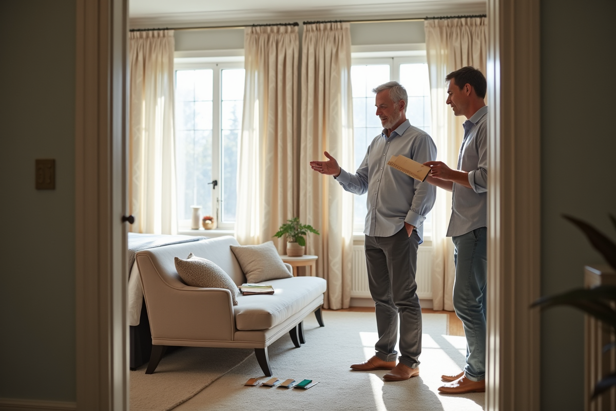 Homme discutant options de rideaux avec une decoratrice dans une chambre lumineuse