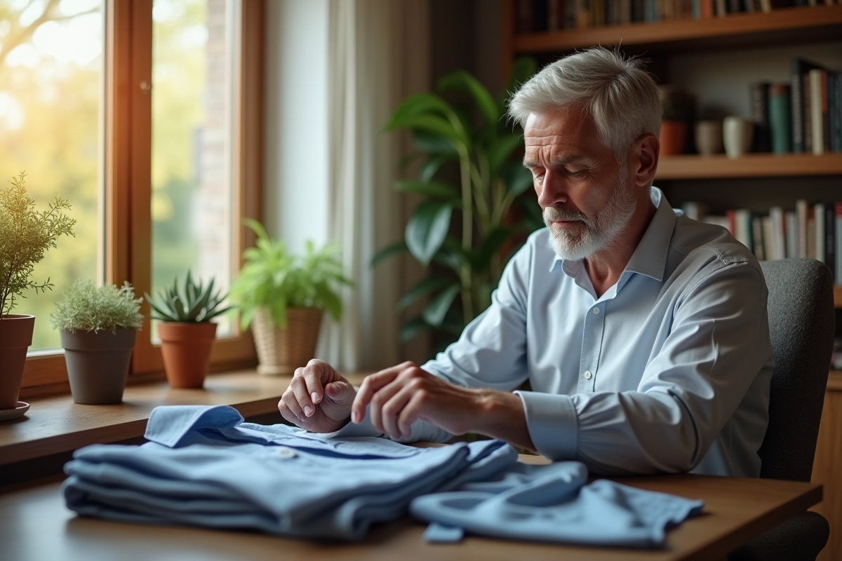 Homme comparant deux chemises en coton dans un intérieur chaleureux