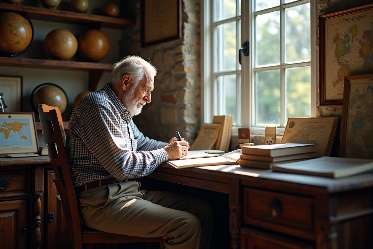 Homme âgé examinant des cartes astronomiques près d une fenêtre