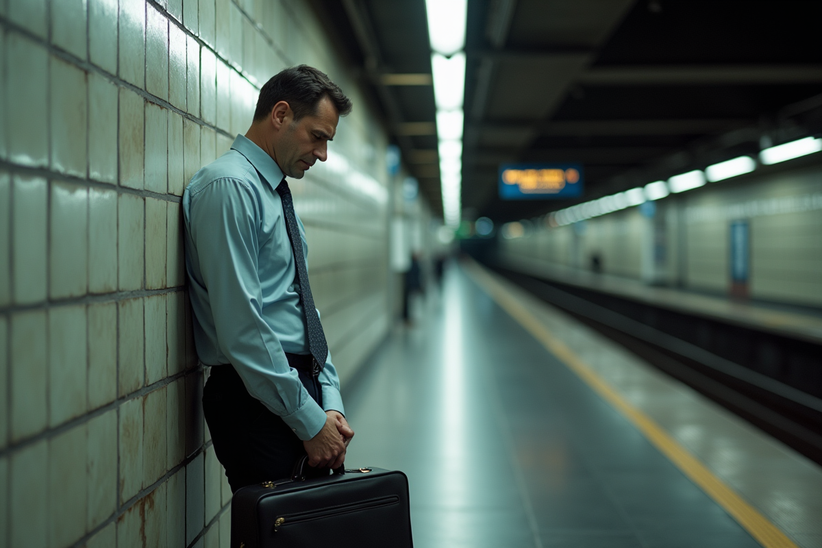 Homme fatigué dans une station de métro vide