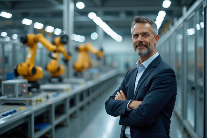 Homme d'affaires devant une ligne robotique moderne