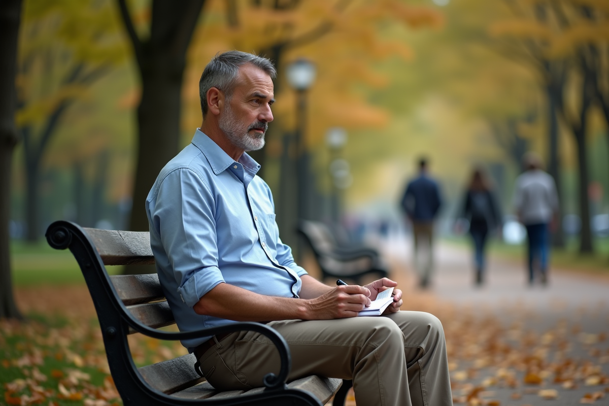 Homme pensif assis sur un banc dans un parc en automne