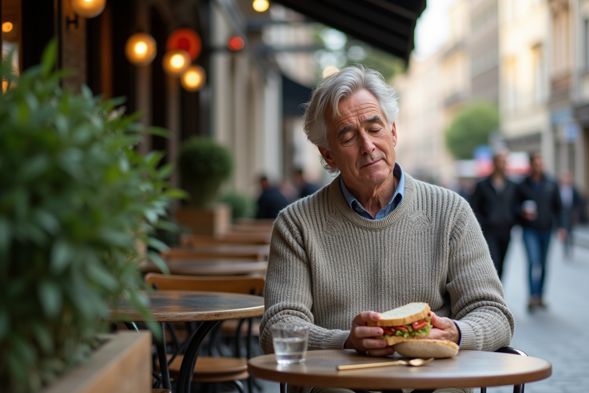 Homme en pull et chinos prenant une pause café en extérieur