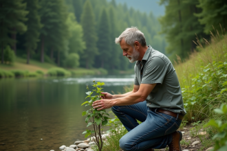 Homme d'âge moyen examine une plante au bord de la rivière