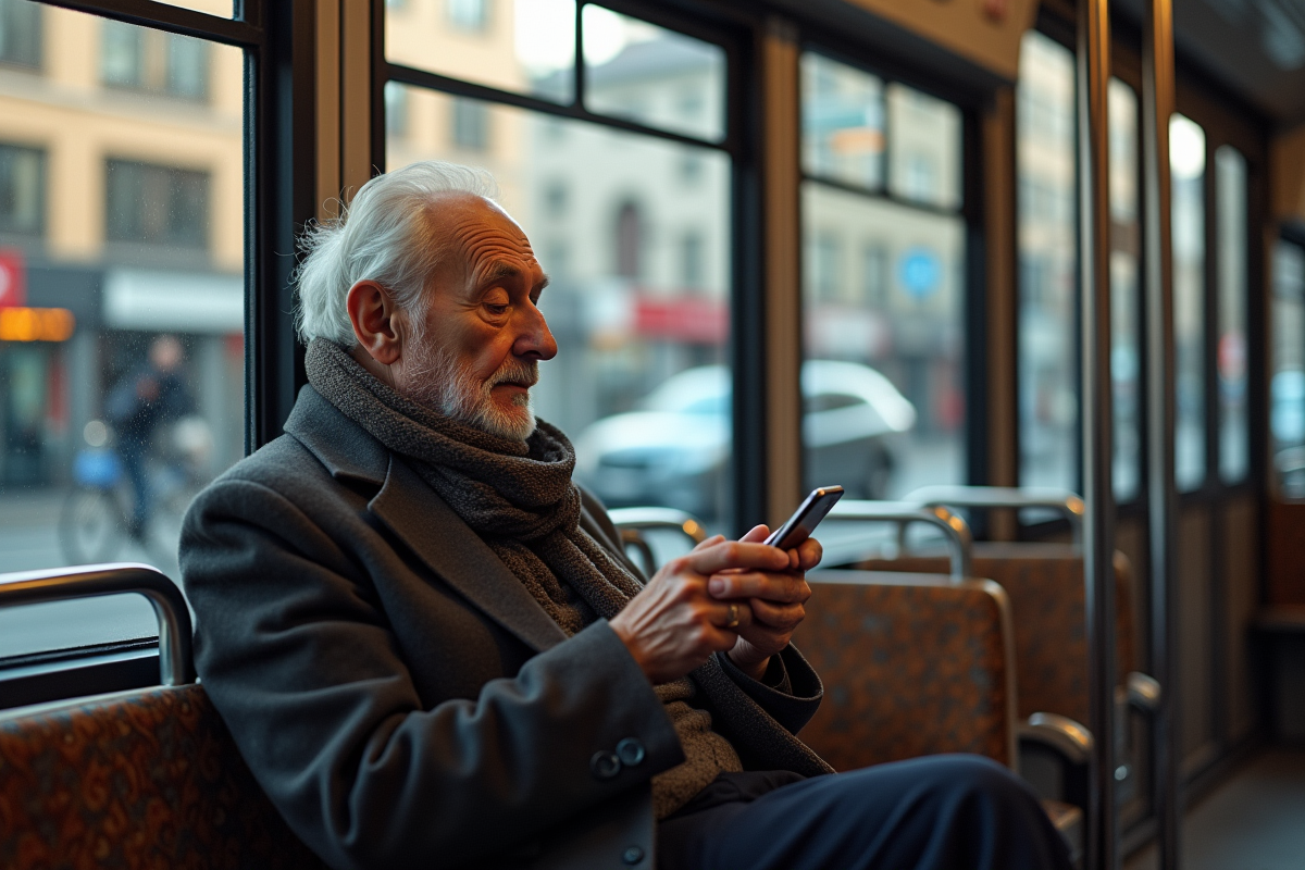 Homme âgé lisant dans un tram urbain