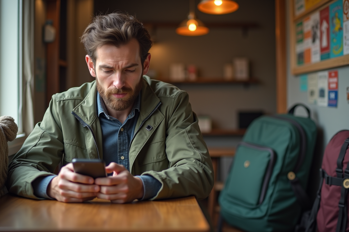 Homme seul vérifiant son smartphone dans un hostel