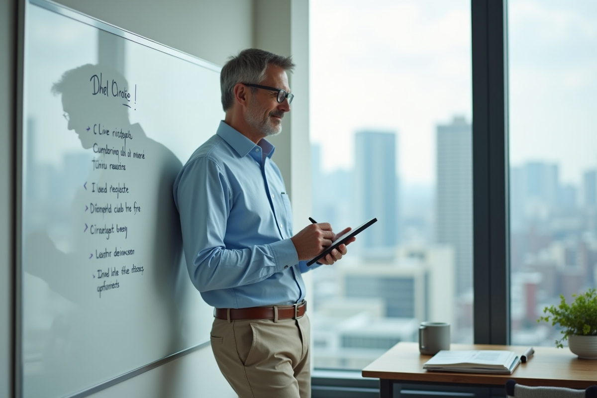 Homme réfléchissant en écrivant sur un tableau blanc dans un bureau