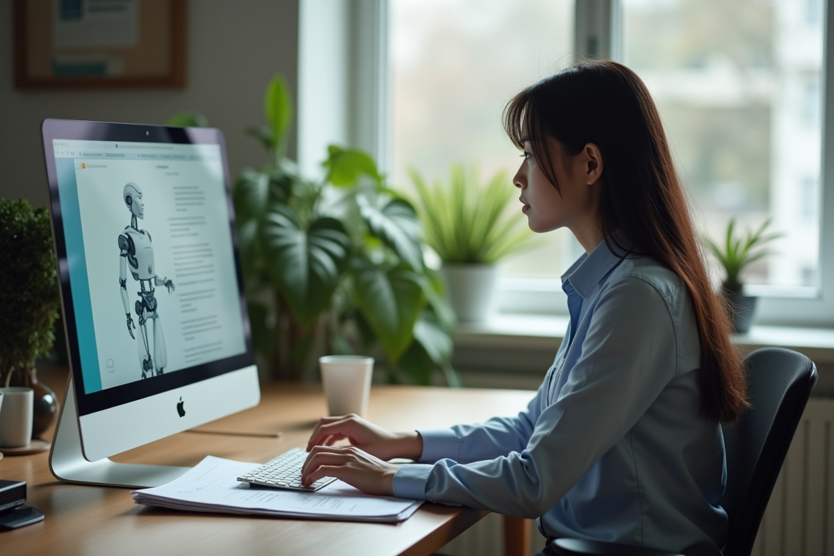Jeune analyste assise contemplant son écran AI dans un bureau