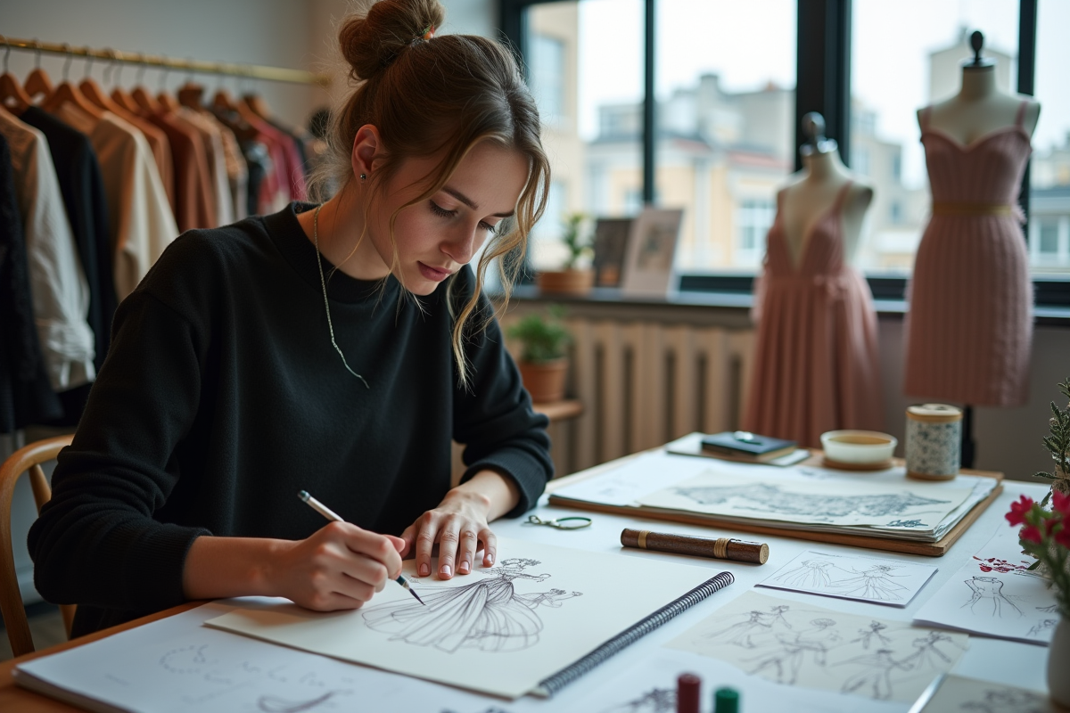 Jeune créateur de mode dessinant des vêtements modernes
