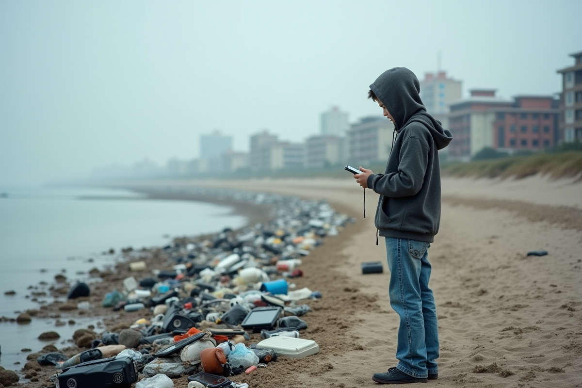 Adolescent regardant des déchets électroniques sur une plage dégradée