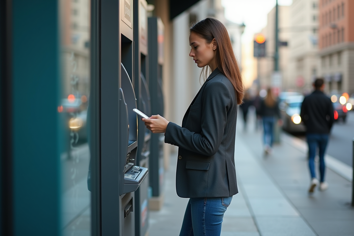 Jeune femme vérifiant son compte à un distributeur automatique en ville