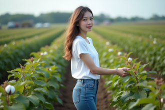 Jeune femme dans un champ de coton vert