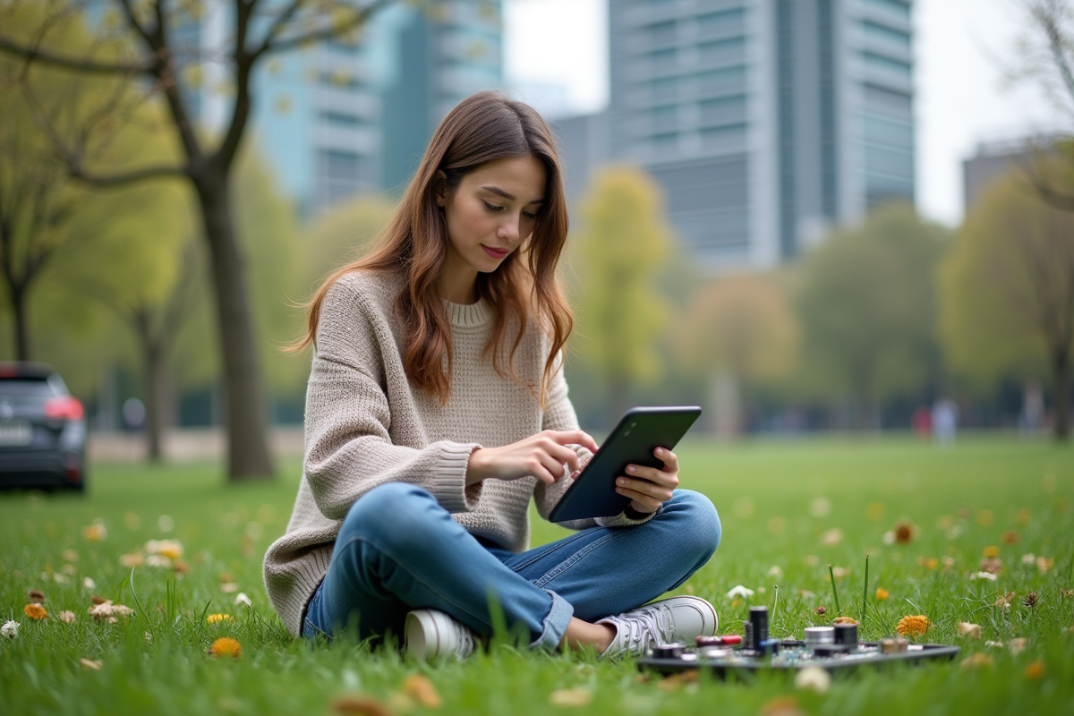 Jeune femme en plein air manipulant des composants électroniques