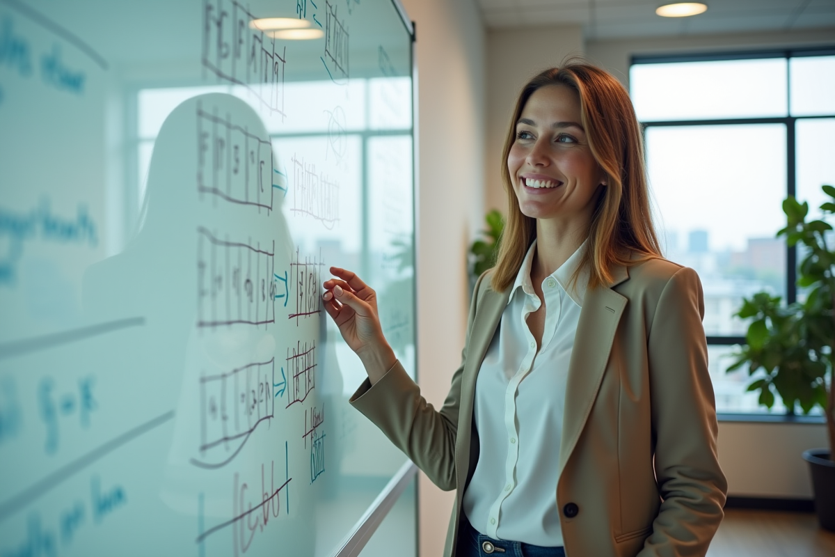 Jeune sociologue femme expliquant des données devant un tableau blanc