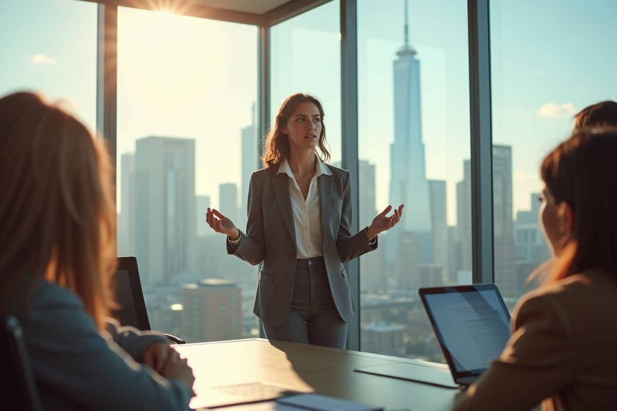 Jeune femme en casual présentant à un groupe en salle lumineuse