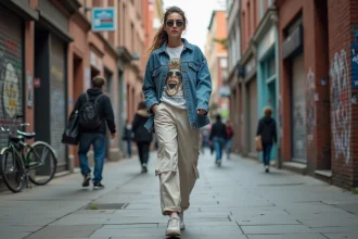 Jeune femme en denim et sneakers dans la ville