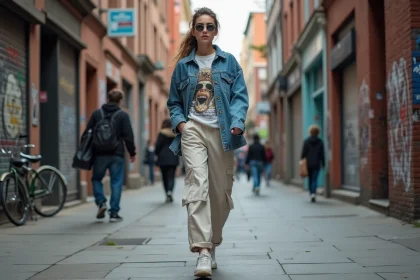 Jeune femme en denim et sneakers dans la ville