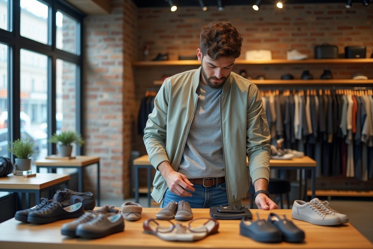 Jeune homme examine accessoires dans une boutique