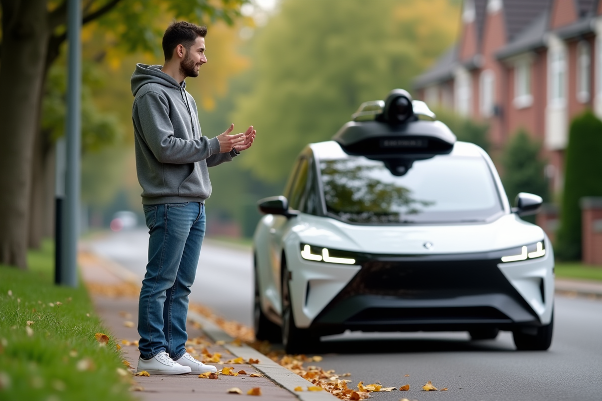 Jeune homme gesticulant vers un taxi autonome dans la rue