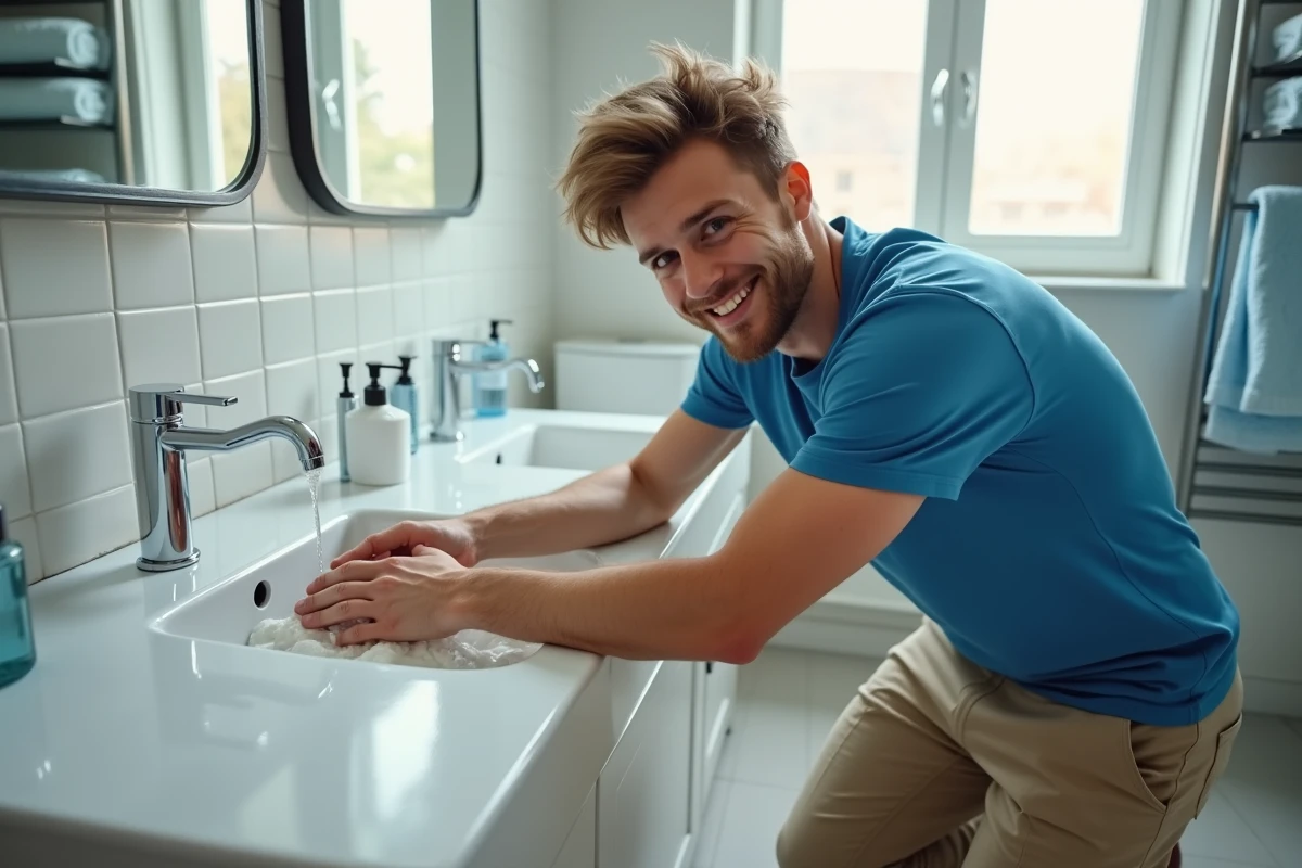 Jeune homme nettoyant le robinet avec vinaigre dans la salle de bain