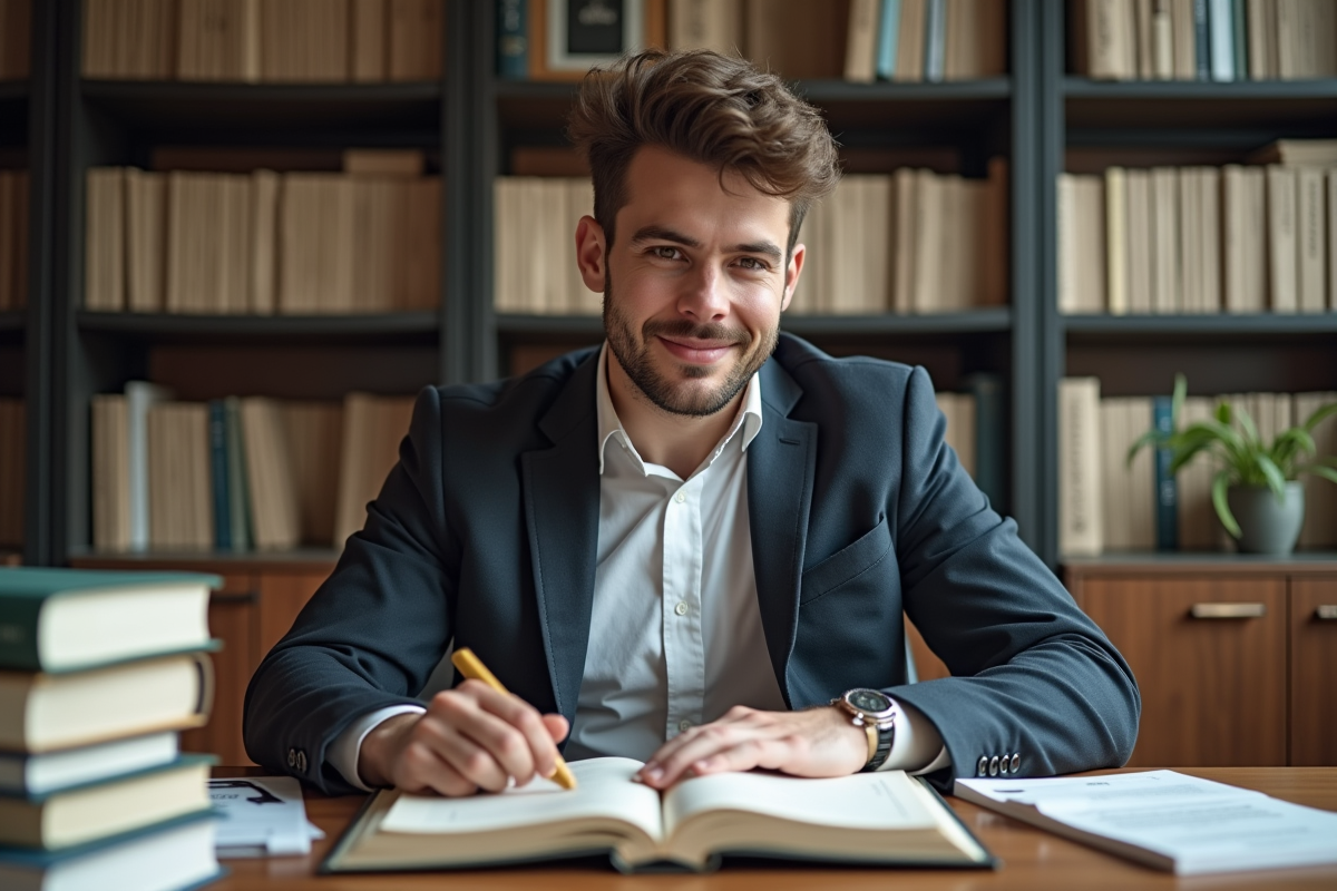 Jeune homme lisant dans un bureau lumineux