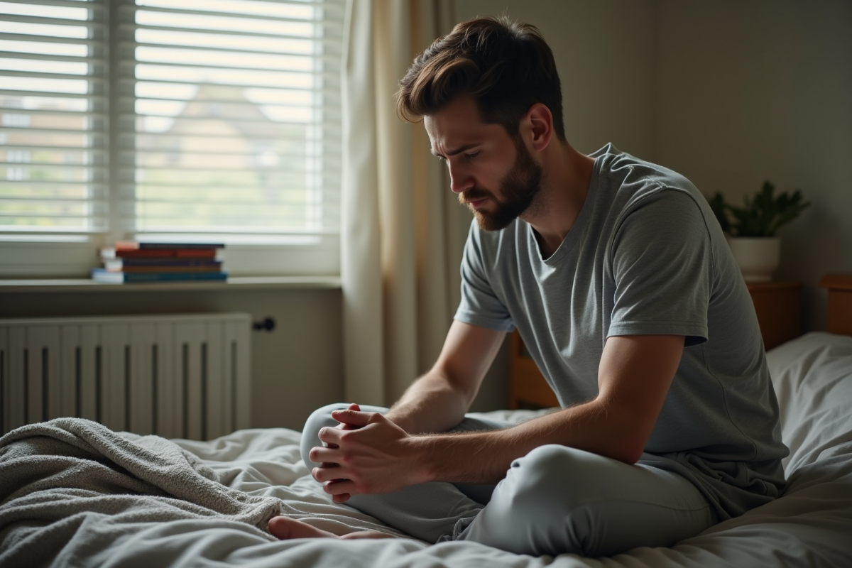 Jeune homme fatigué assis sur un lit dans une chambre