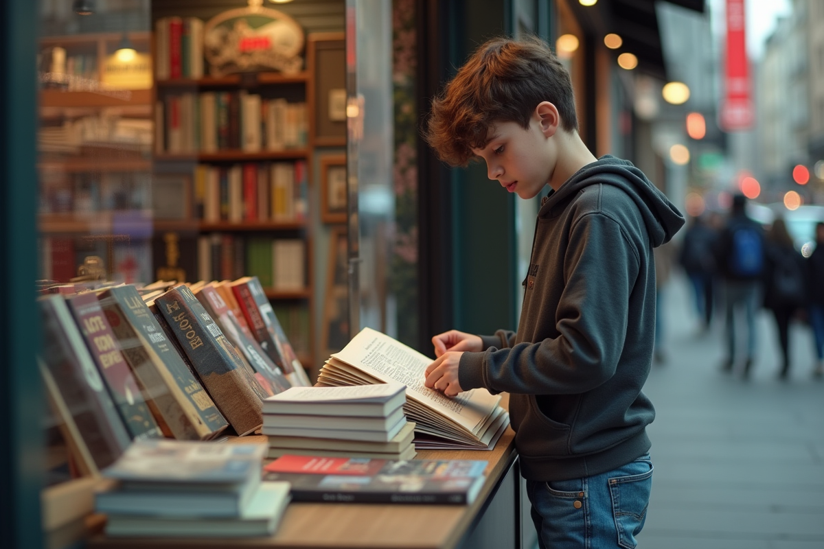 Adolescent feuilletant un livre dans une librairie urbaine animée