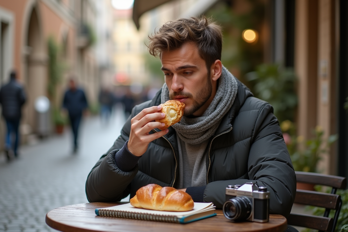 Jeune homme dégustant une pâtisserie dans une rue pavée