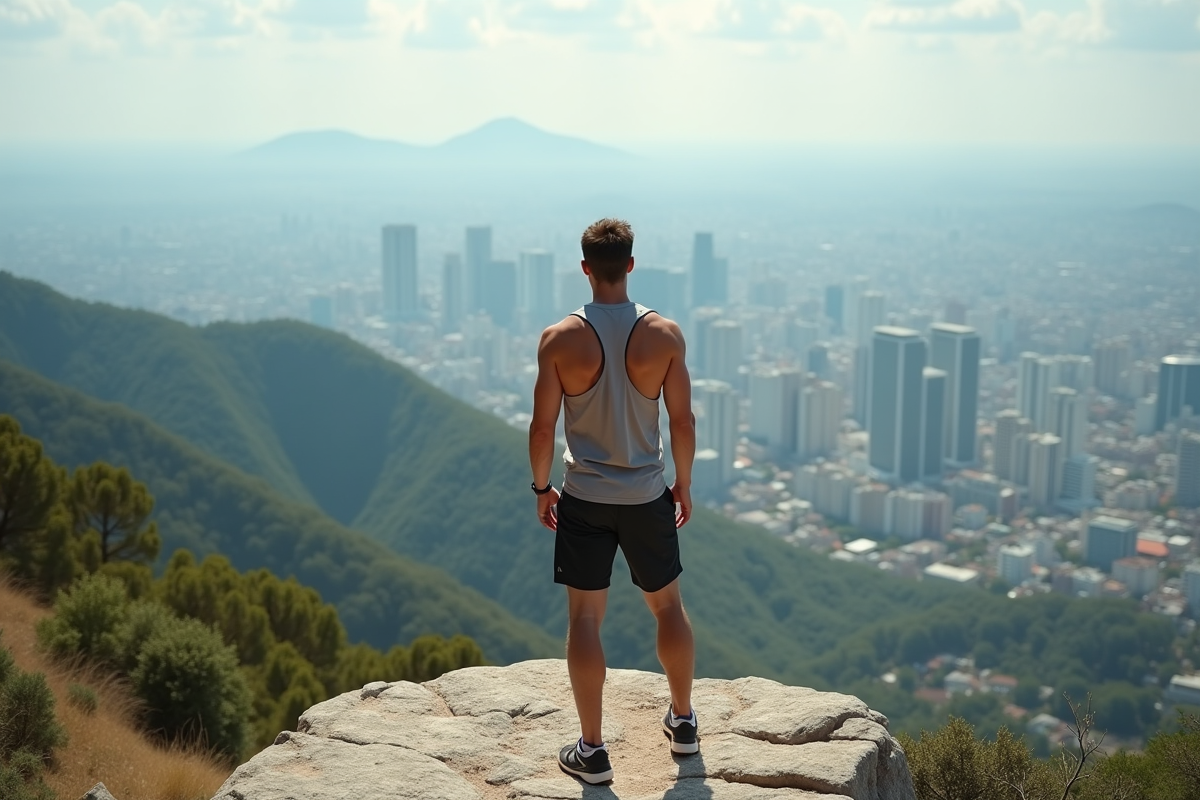 Jeune homme contemplant la ville depuis un point de vue naturel