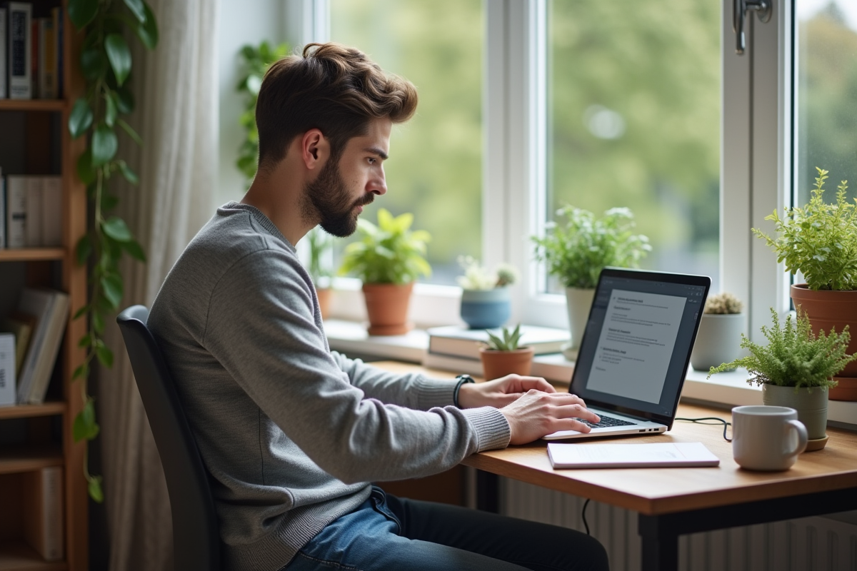 Jeune homme concentré utilisant son ordinateur dans un bureau à domicile