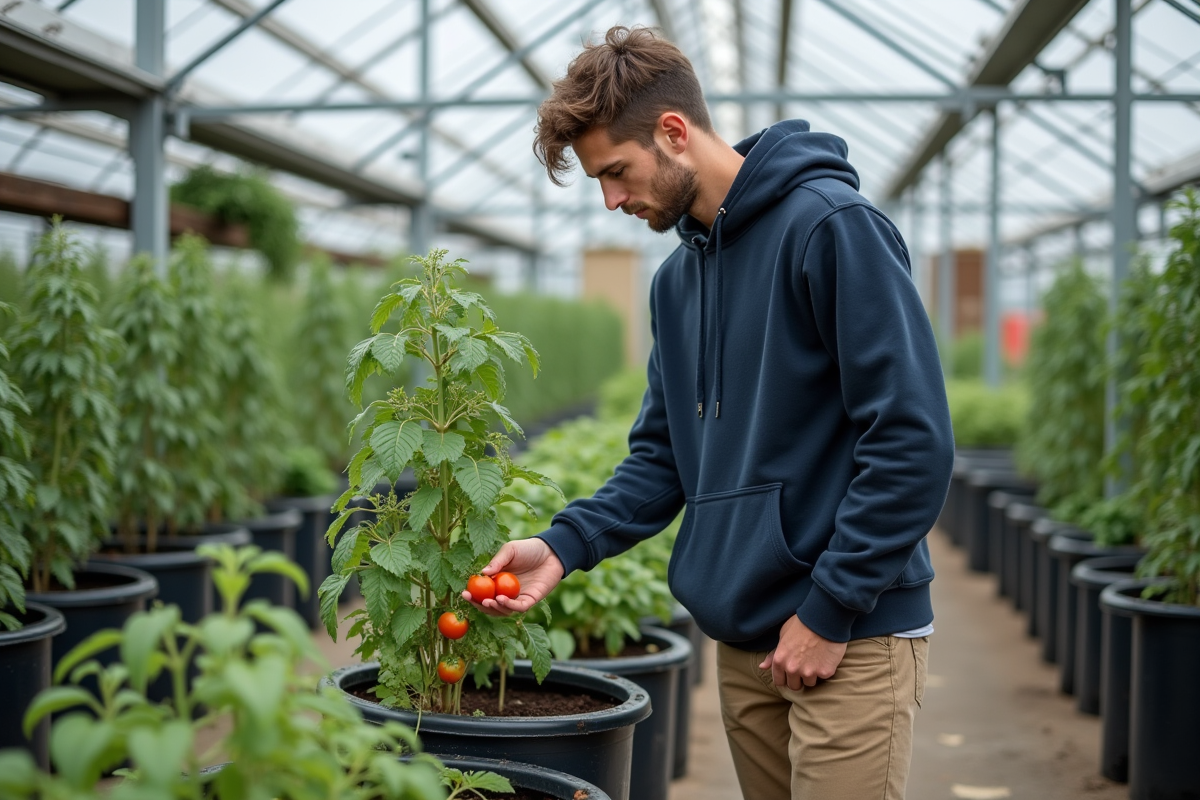 Jeune homme inspectant des plants de tomates en serre