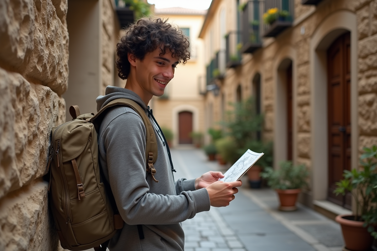 Jeune homme étudiant une carte dans un village historique