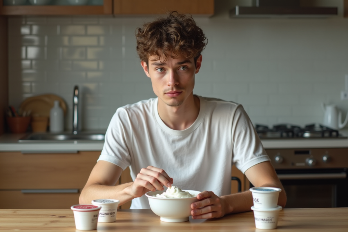 Jeune homme hésite avec un yaourt à la maison
