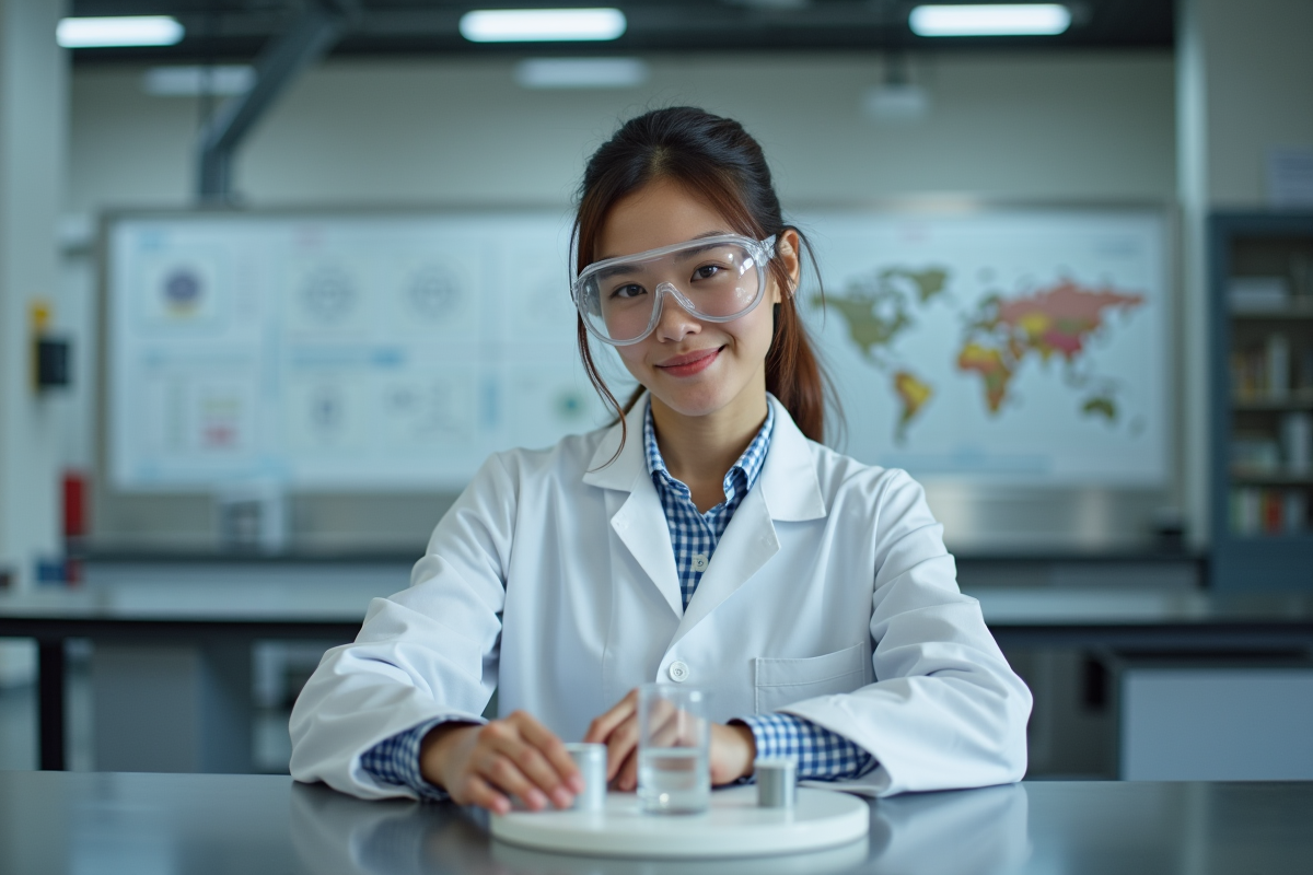 Jeune ingénieure en blouse blanche réalisant une expérience d