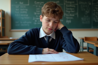 Adolescent en uniforme scolaire seul à son bureau