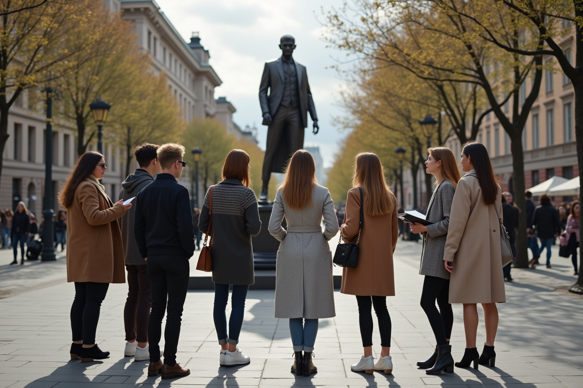 Jeunes créateurs de mode modernes autour d une statue historique