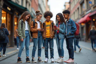 Groupe d'adolescents à la mode dans la rue urbaine