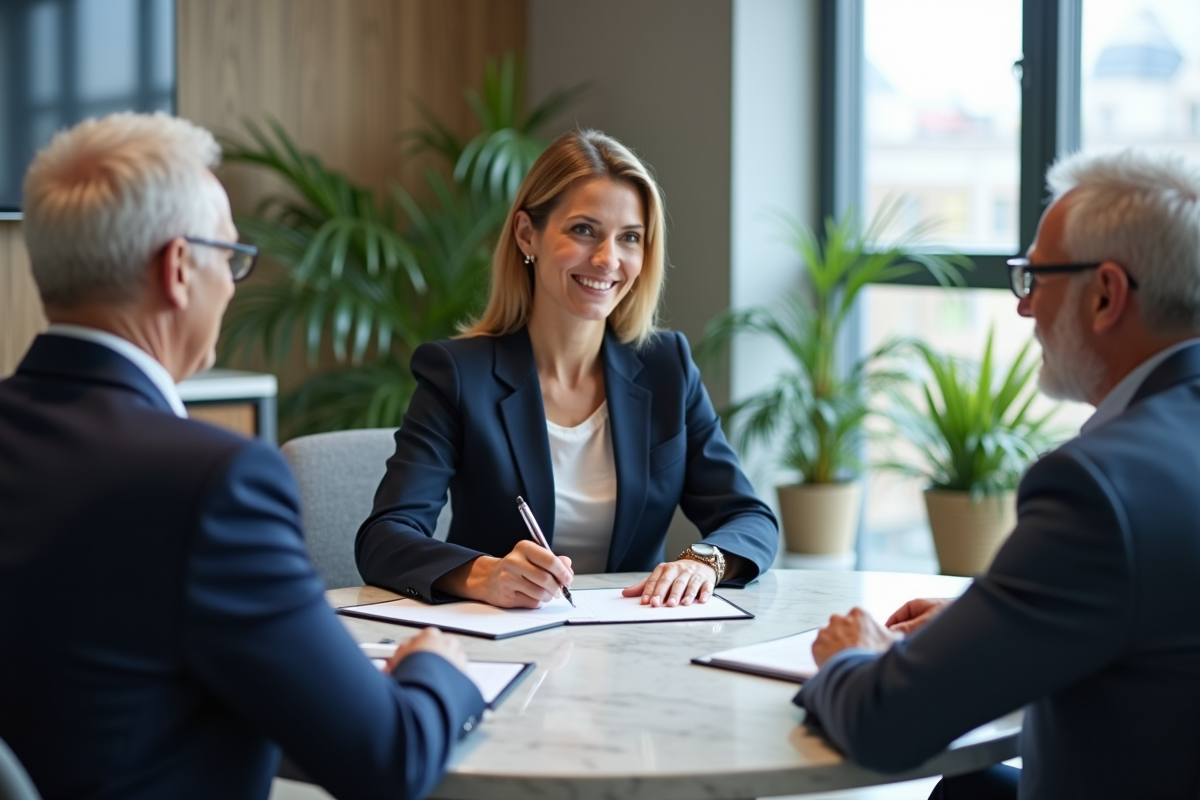 Femme notaire en réunion avec un couple pour signer un prêt