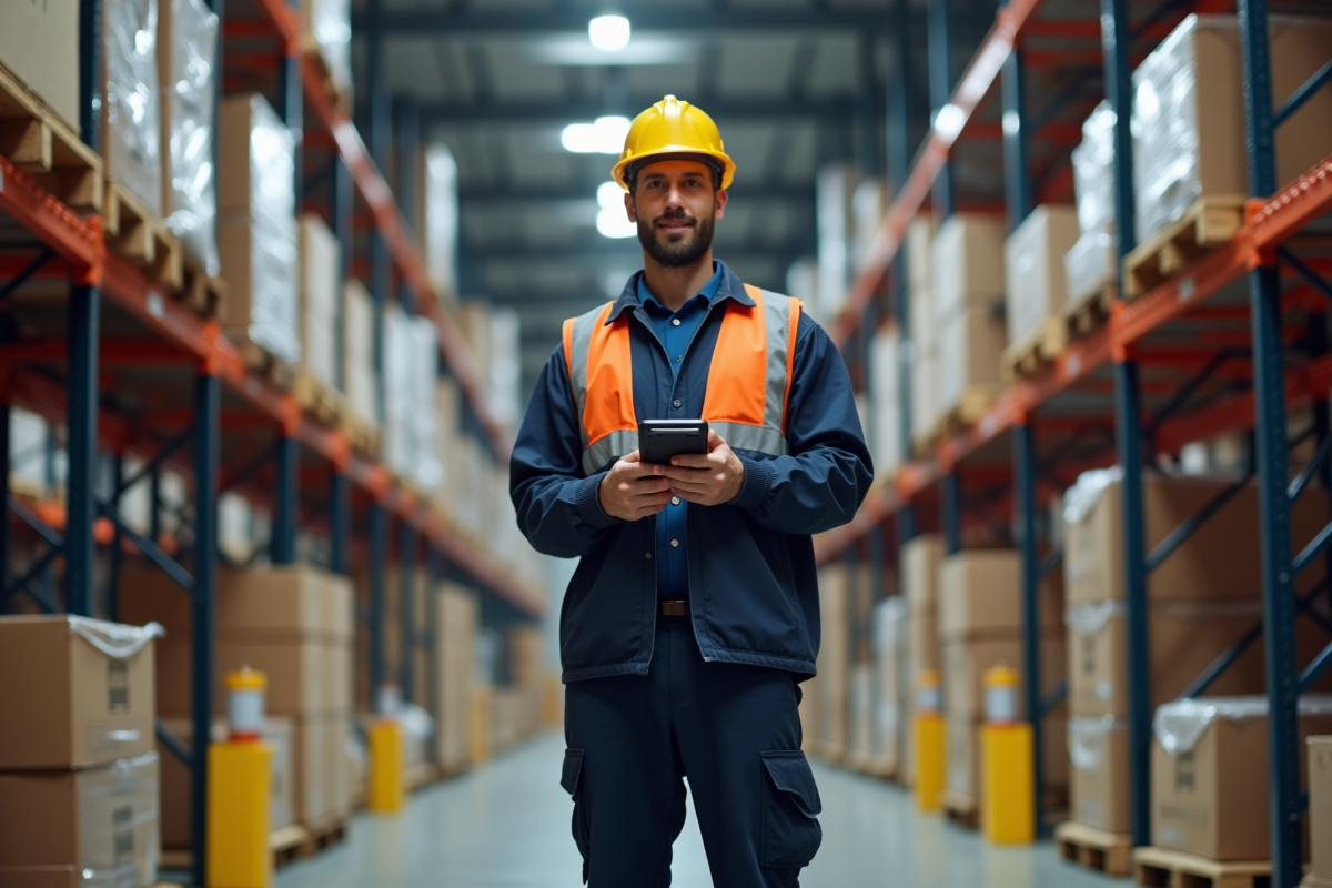 Ouvrier de warehouse scannant un inventaire avec un dispositif