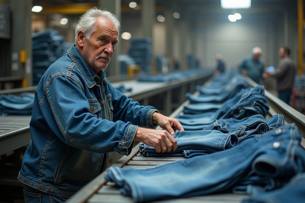 Ouvrier trient des jeans dans une usine textile