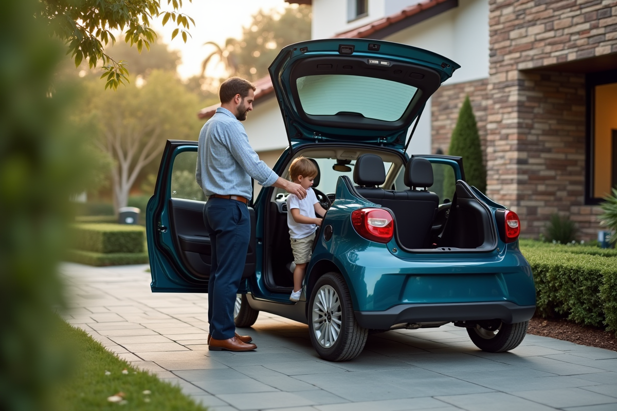 Père aidant son fils dans une voiture familiale devant une maison