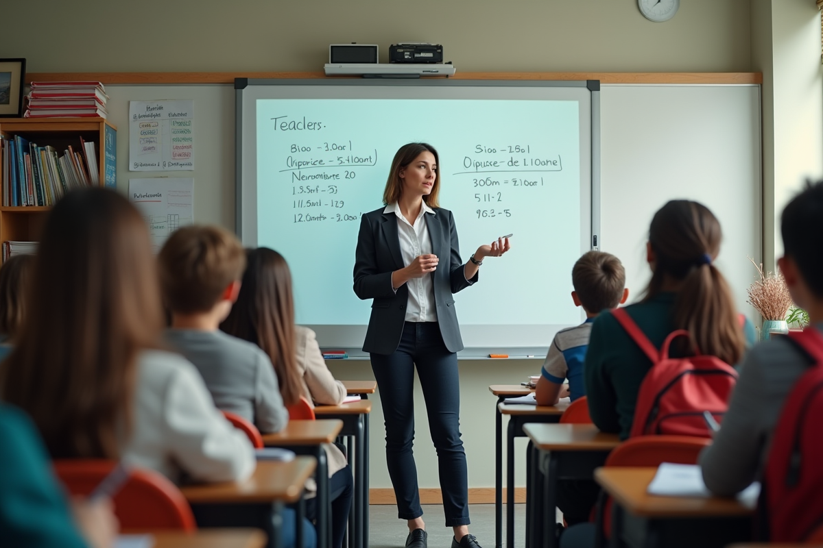 Professeure de mathématiques devant un tableau blanc avec élèves attentifs