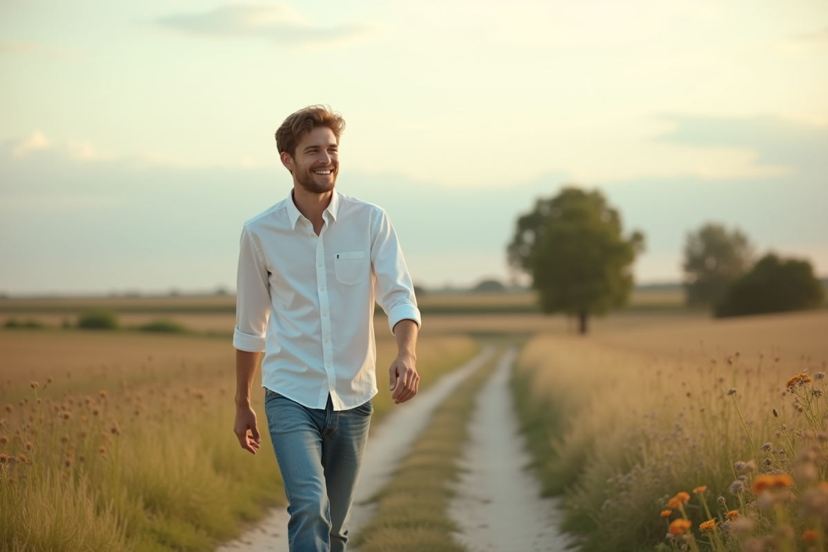 Jeune homme marche dans un champ en pleine nature