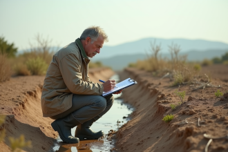 Scientiste environnement sur terre sèche avec carnet