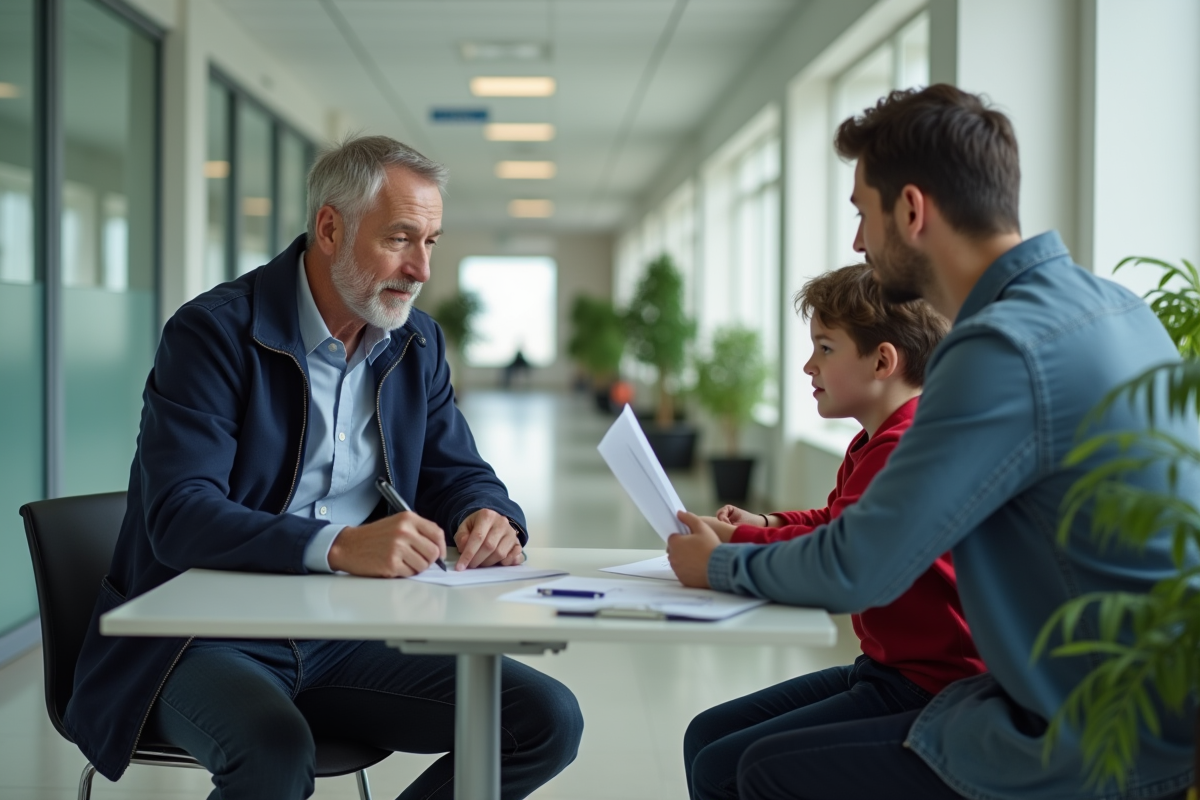 Travailleur social avec famille dans un couloir public