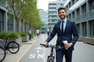 Homme en costume bleu déverrouillant son vélo devant un bâtiment moderne